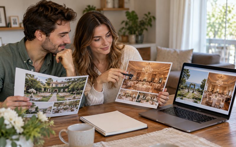 İki düğün mekânının fotoğraflarını karşılaştıran çift