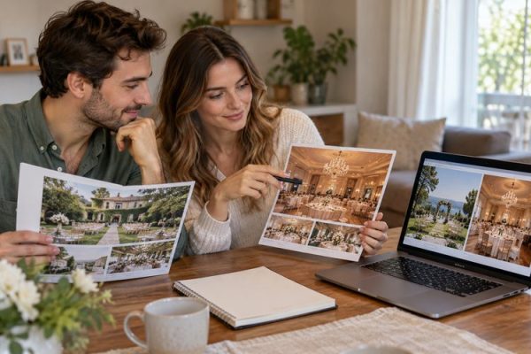 İki düğün mekânının fotoğraflarını karşılaştıran çift